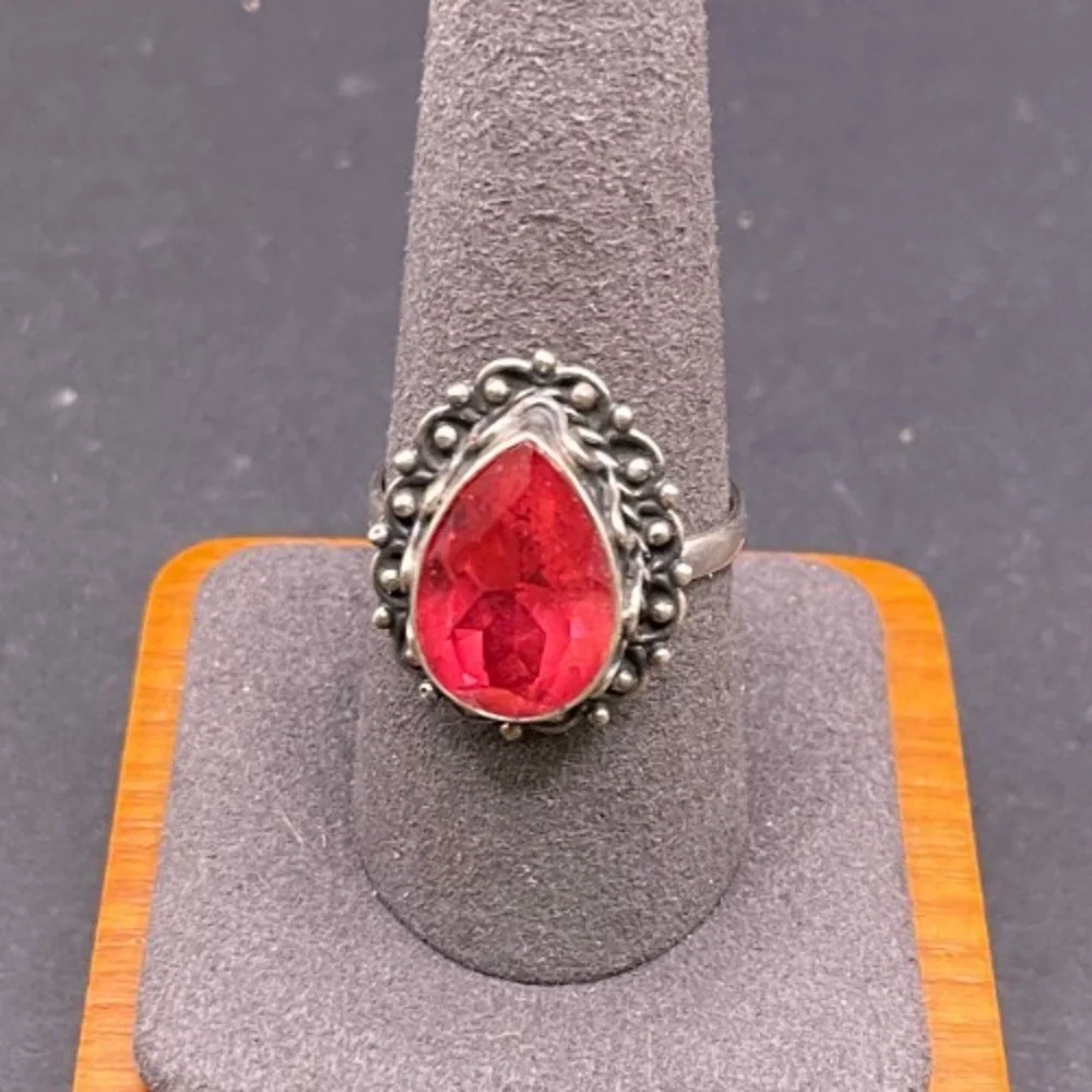 Vintage 925 Sterling Silver Pear Red Garnet Ring Size 10 Ornate Beaded Sz 9.5